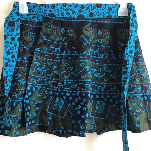 New Blue Green Elephant India new 100% cotton wrap SKIRT - Picture 3 of 4